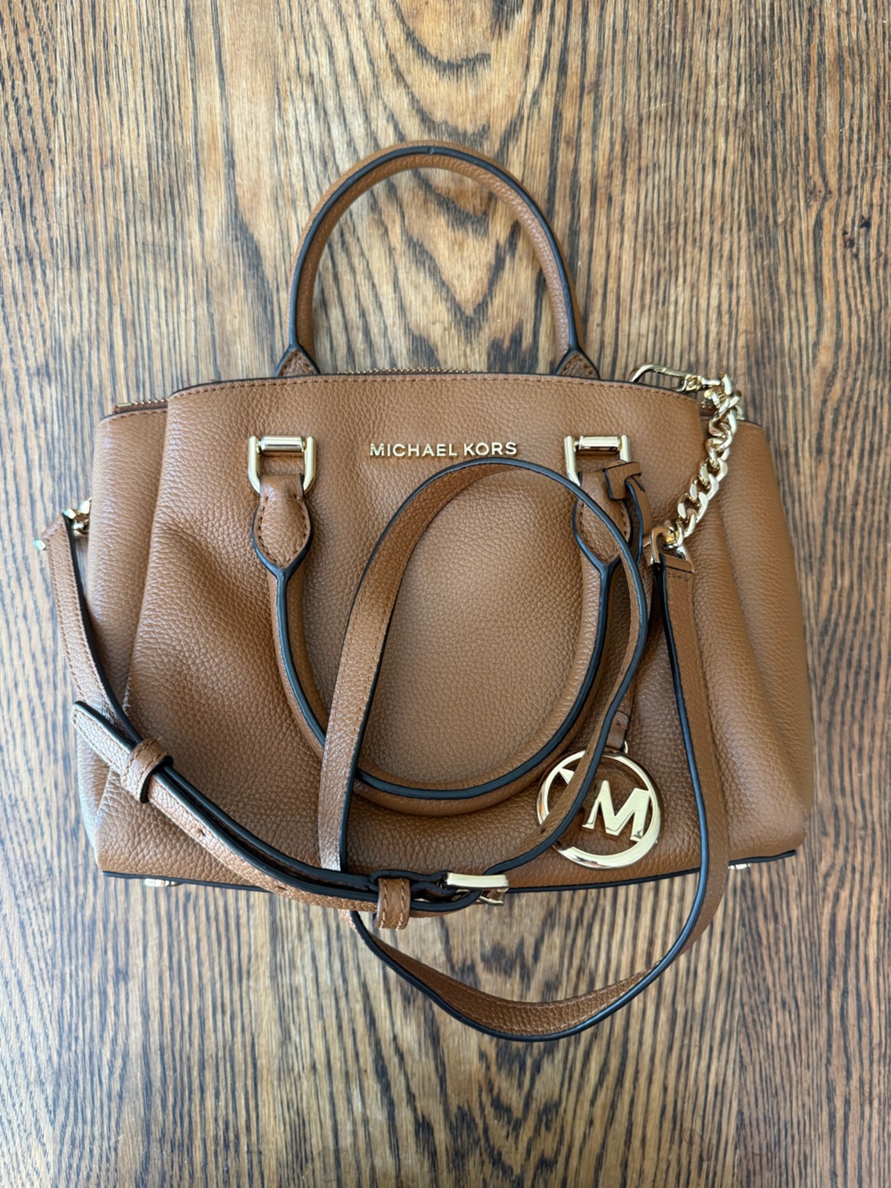 Convertible Michael Kors Cognac Pebbled Leather Mini Satchel with Gold Hardware